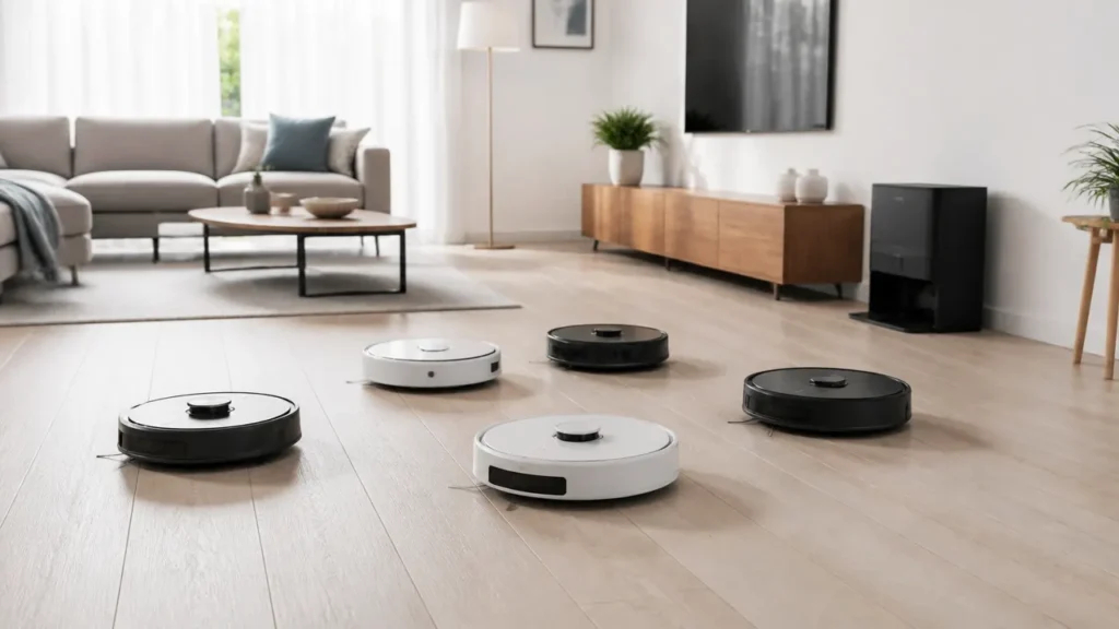 Plusieurs robots aspirateurs laveurs dans un intérieur moderne
