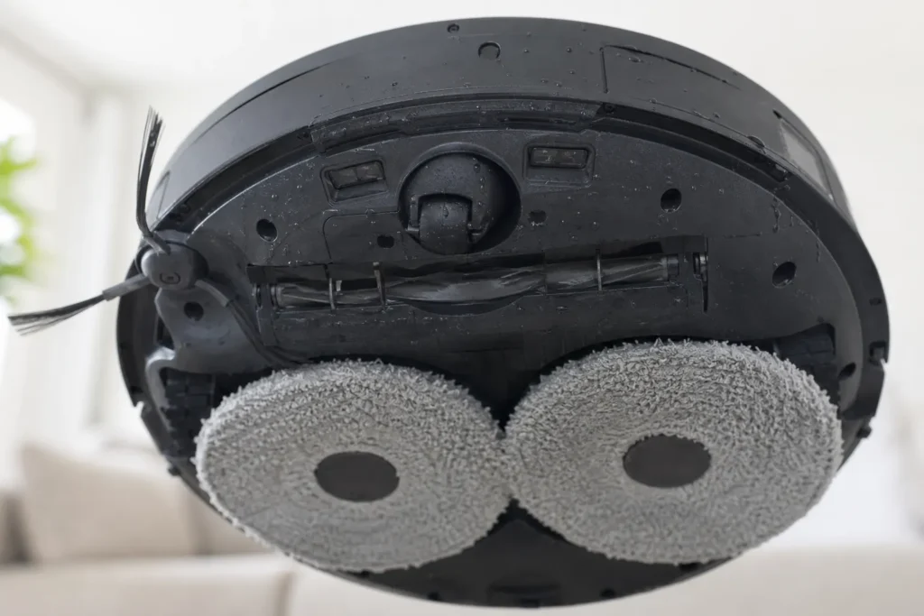 Vue de dessous d un robot laveur montrant ses patins de lavage rotatifs