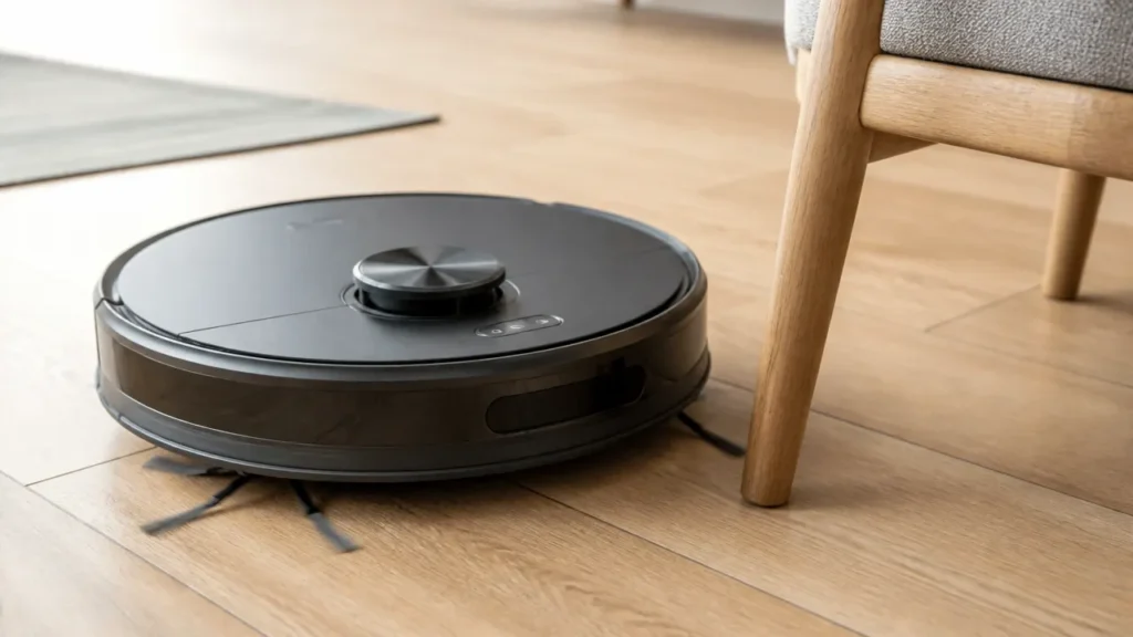 Robot laveur contournant un pied de chaise sur un parquet