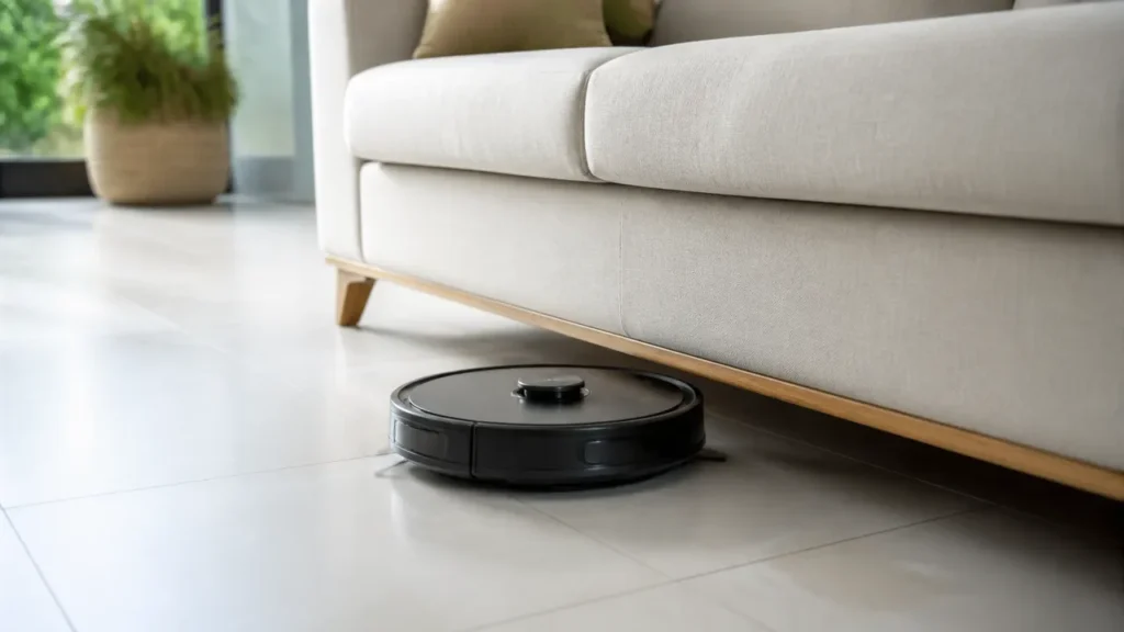 Aspirateur robot laveur passant sur un sol clair dans un salon lumineux