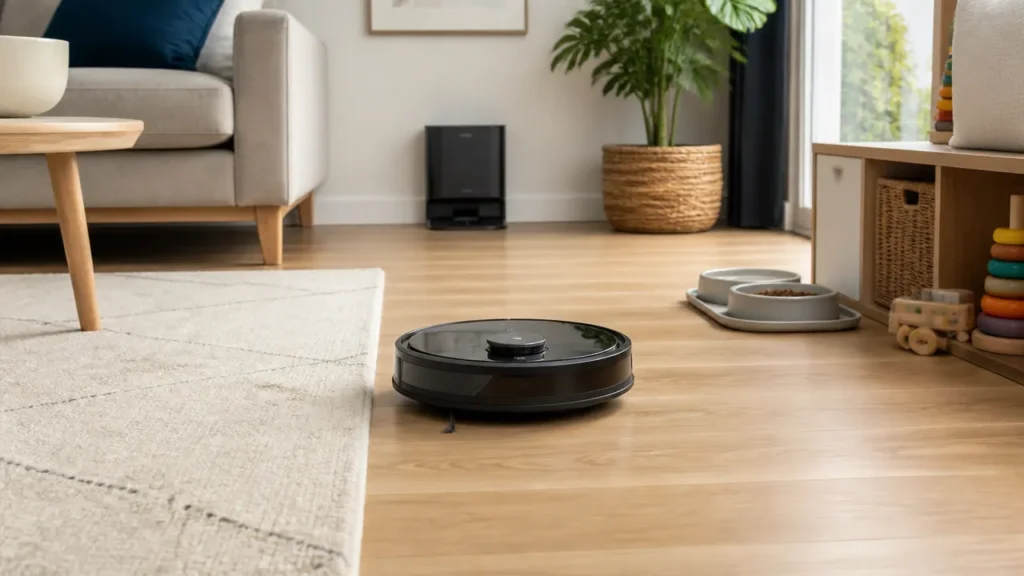 Robot laveur dans un salon avec tapis et accessoires d'animal