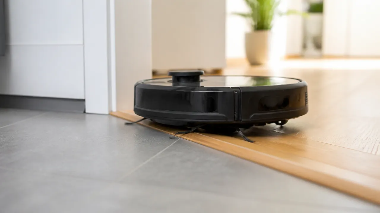 Robot aspirateur franchissant un seuil entre deux pièces