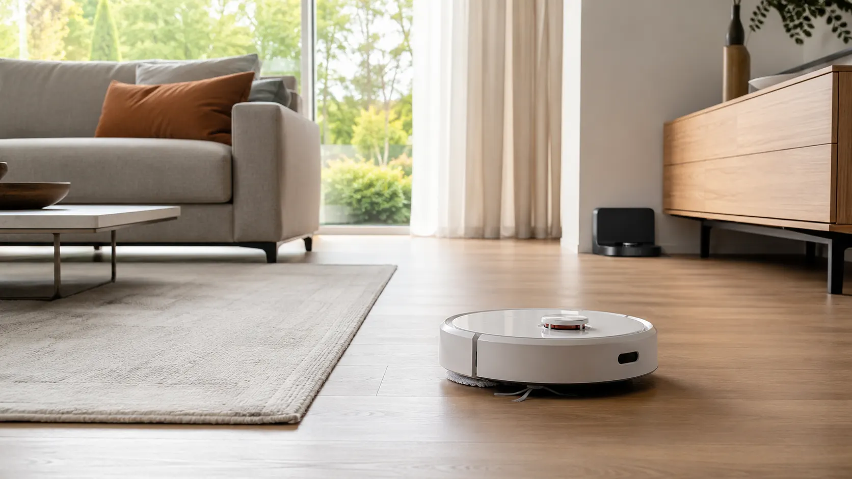 Aspirateur robot laveur dans un intérieur moderne