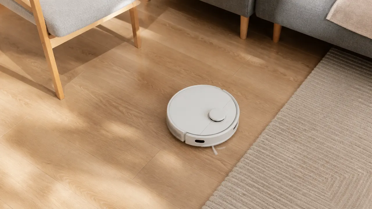 Robot aspirateur laveur en fonctionnement sur parquet dans un salon