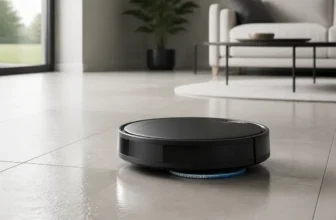 Robot aspirateur laveur en train de nettoyer un sol carrelé dans un salon