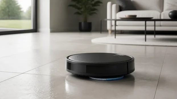 Robot aspirateur laveur en train de nettoyer un sol carrelé dans un salon