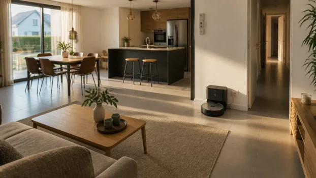 Robot aspirateur sur sa station dans un salon-cuisine ouvert d'environ 120 m²