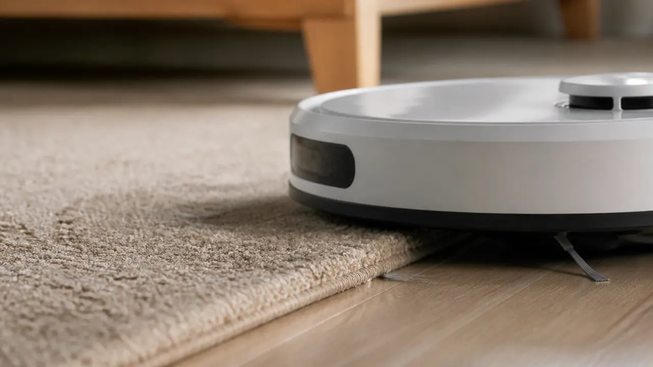 Robot aspirateur abordant la transition entre sol dur et tapis épais