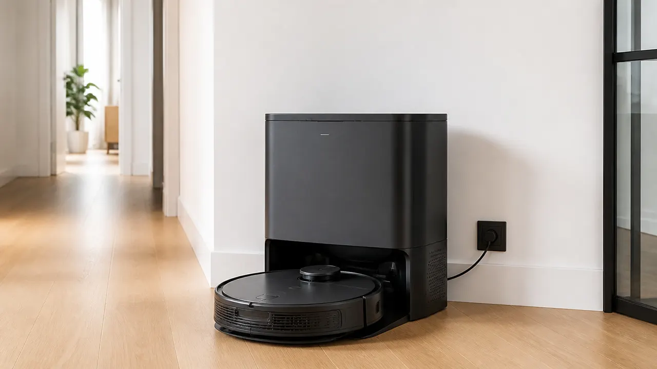 Station automatique de robot aspirateur installée contre un mur dans un couloir