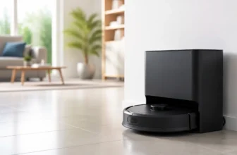 Station de robot aspirateur laveur installée contre un mur dans un salon