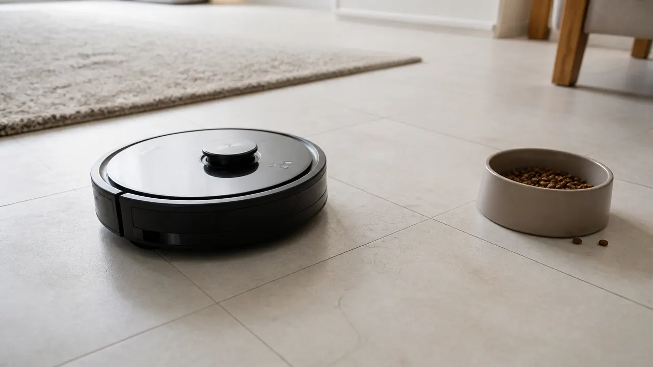 Robot aspirateur évitant une gamelle dans un intérieur avec animal