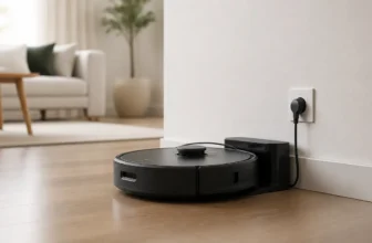Robot aspirateur sur sa station de charge dans un salon lumineux