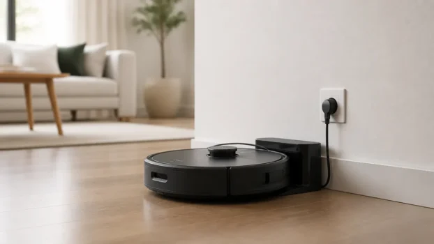 Robot aspirateur sur sa station de charge dans un salon lumineux