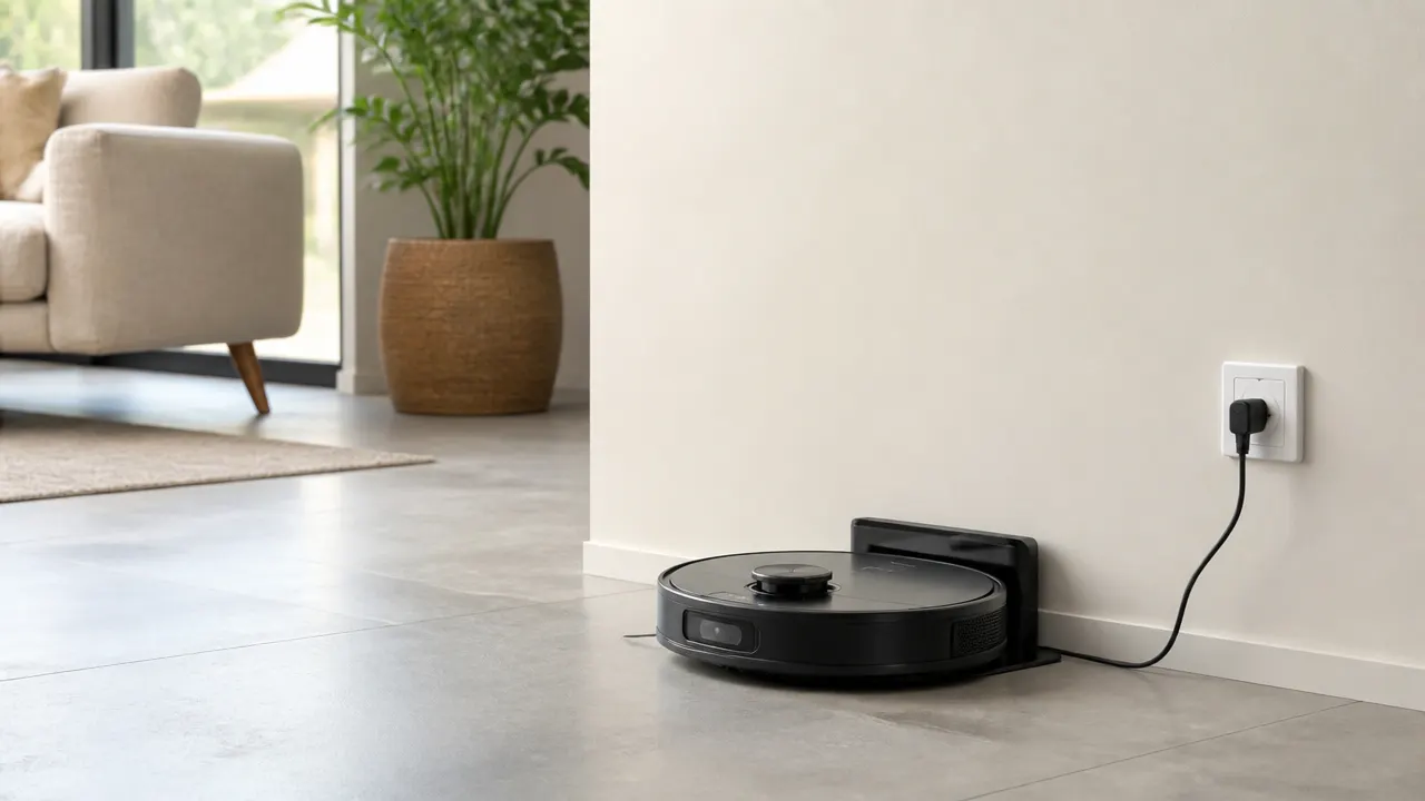 Robot aspirateur sur sa station de charge dans un salon lumineux