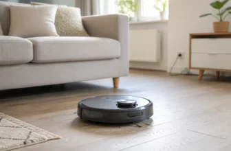 Aspirateur robot en fonctionnement dans un salon avec tapis et meubles bas