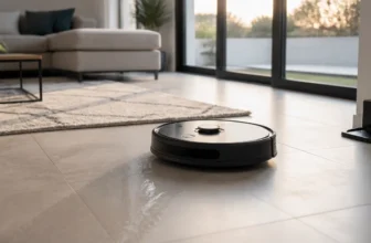 Robot aspirateur laveur nettoyant un sol carrelé à la frontière d'un tapis dans un salon lumineux