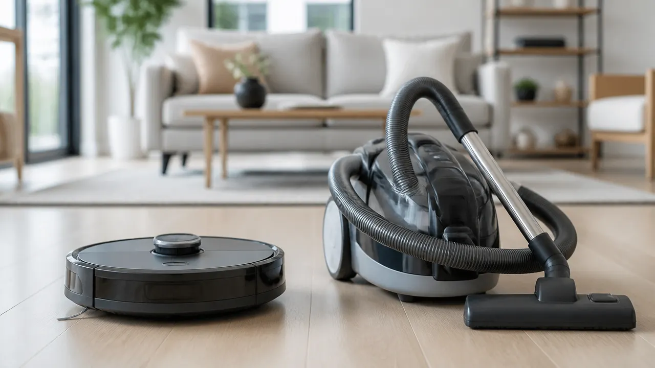 Comparaison visuelle entre un robot aspirateur et un aspirateur traîneau classique