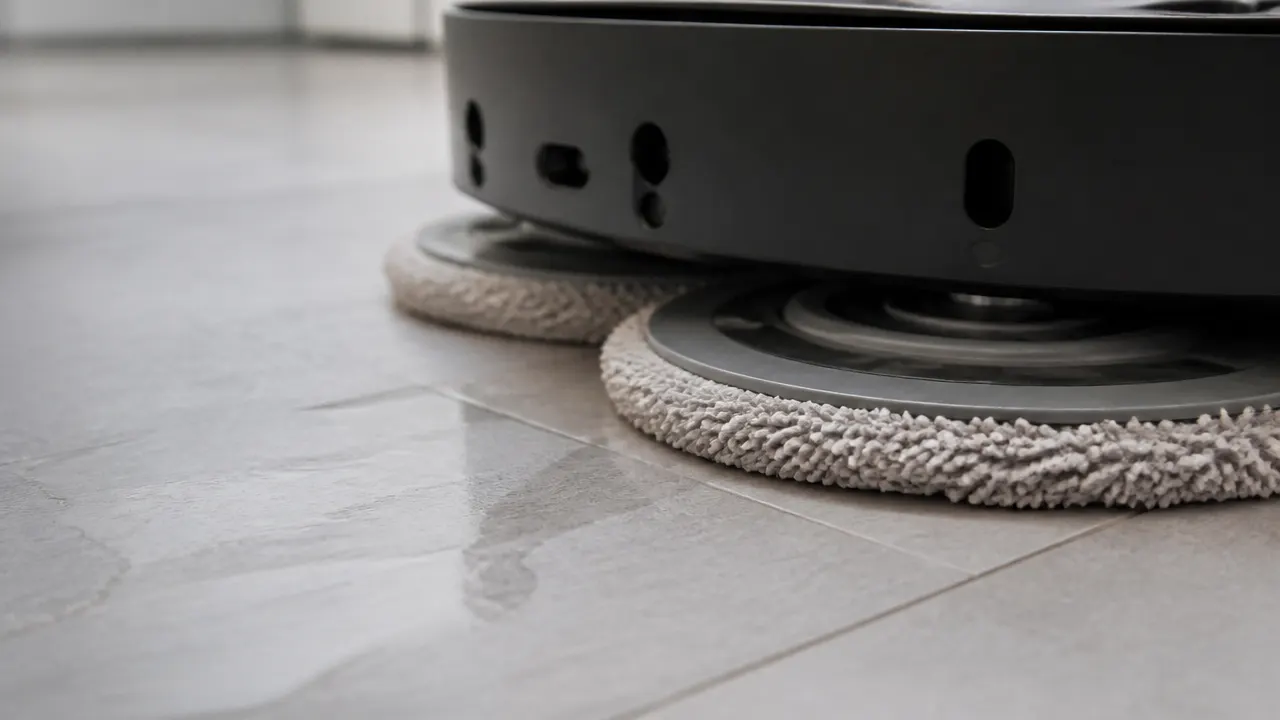 Disque rotatif humide d'un robot laveur laissant une trace d'eau sur un carrelage gris